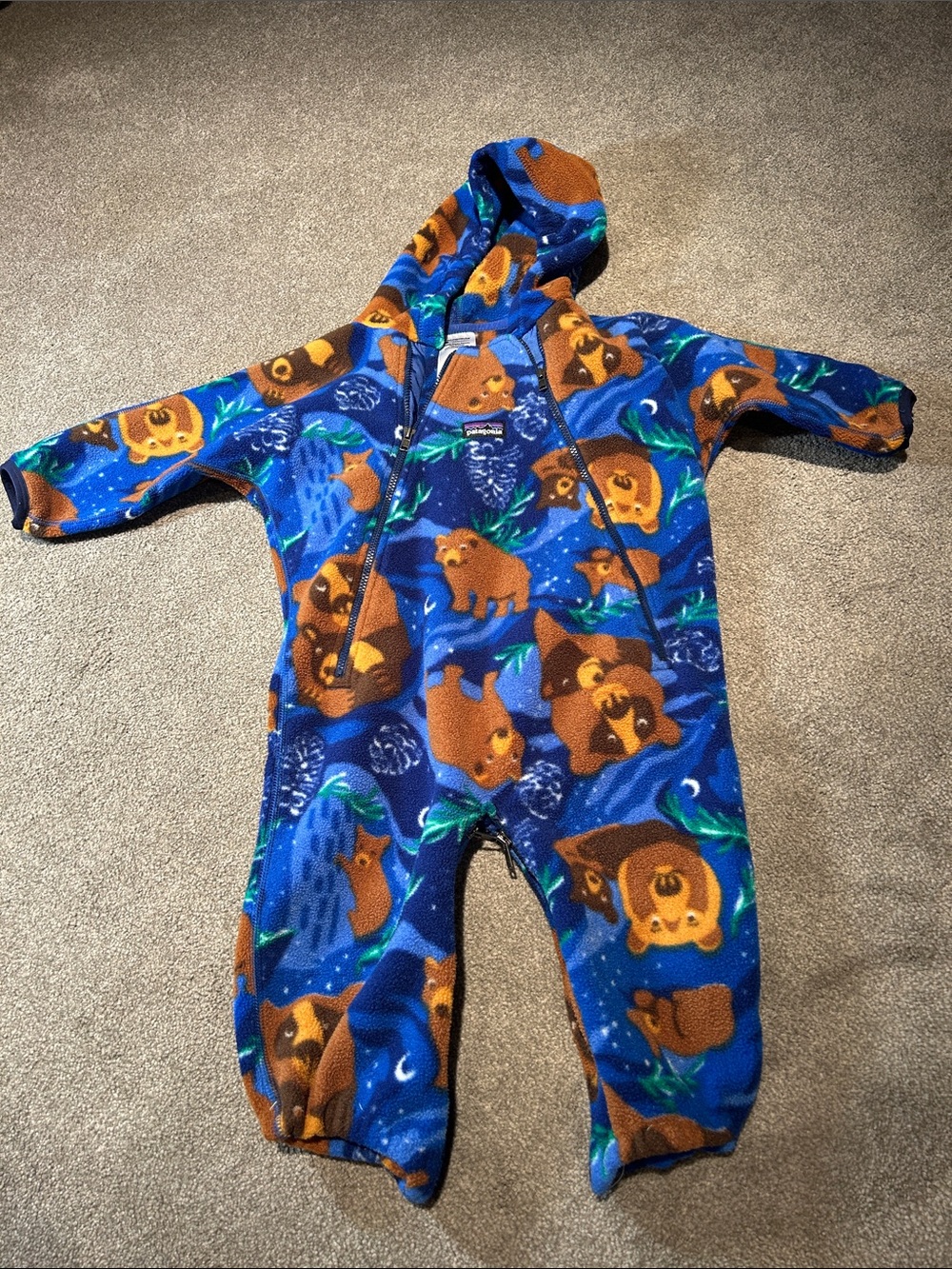 Patagonia Blue Bear-Print Hooded Fleece One-Piece